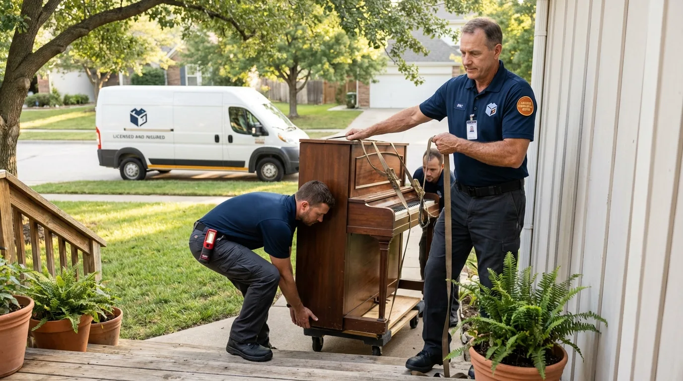 Licensed piano movers securing grand piano in Camarillo, CA