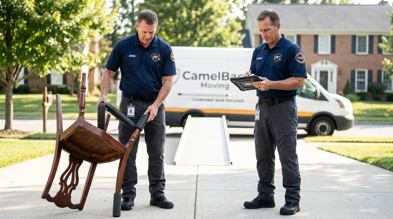 Movers inspecting furniture for damage prevention before loading in Camarillo, CA