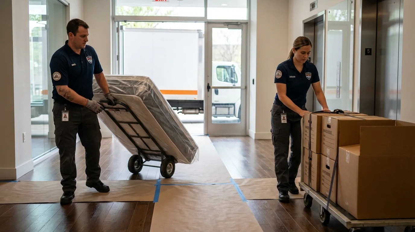 Professional apartment movers loading elevator in Camarillo, CA